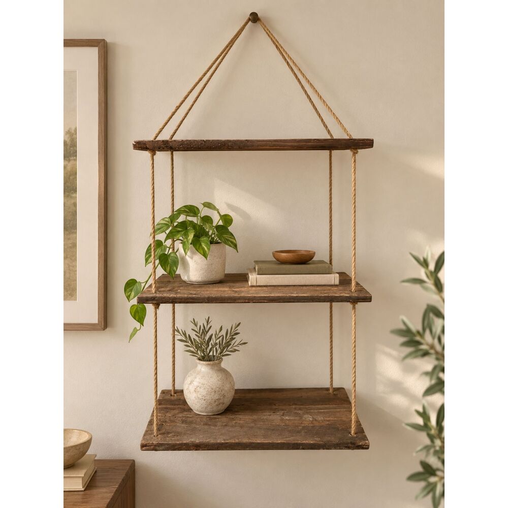 Rustic 3 Tier Wood Rope Hanging Wall Shelf